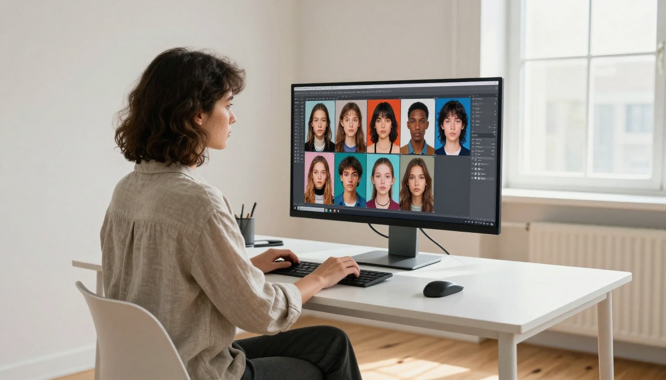 A woman studying a grid of AI-generated portrait images on a bright monitor in a sunlit studio