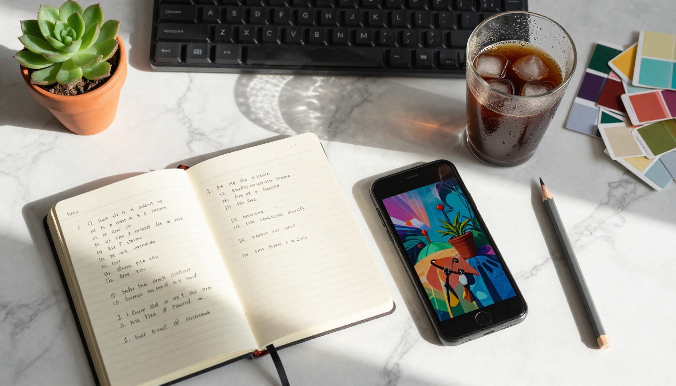 A creative workspace flat-lay with a notebook, keyboard, iced coffee, and smartphone showing AI art, overhead view