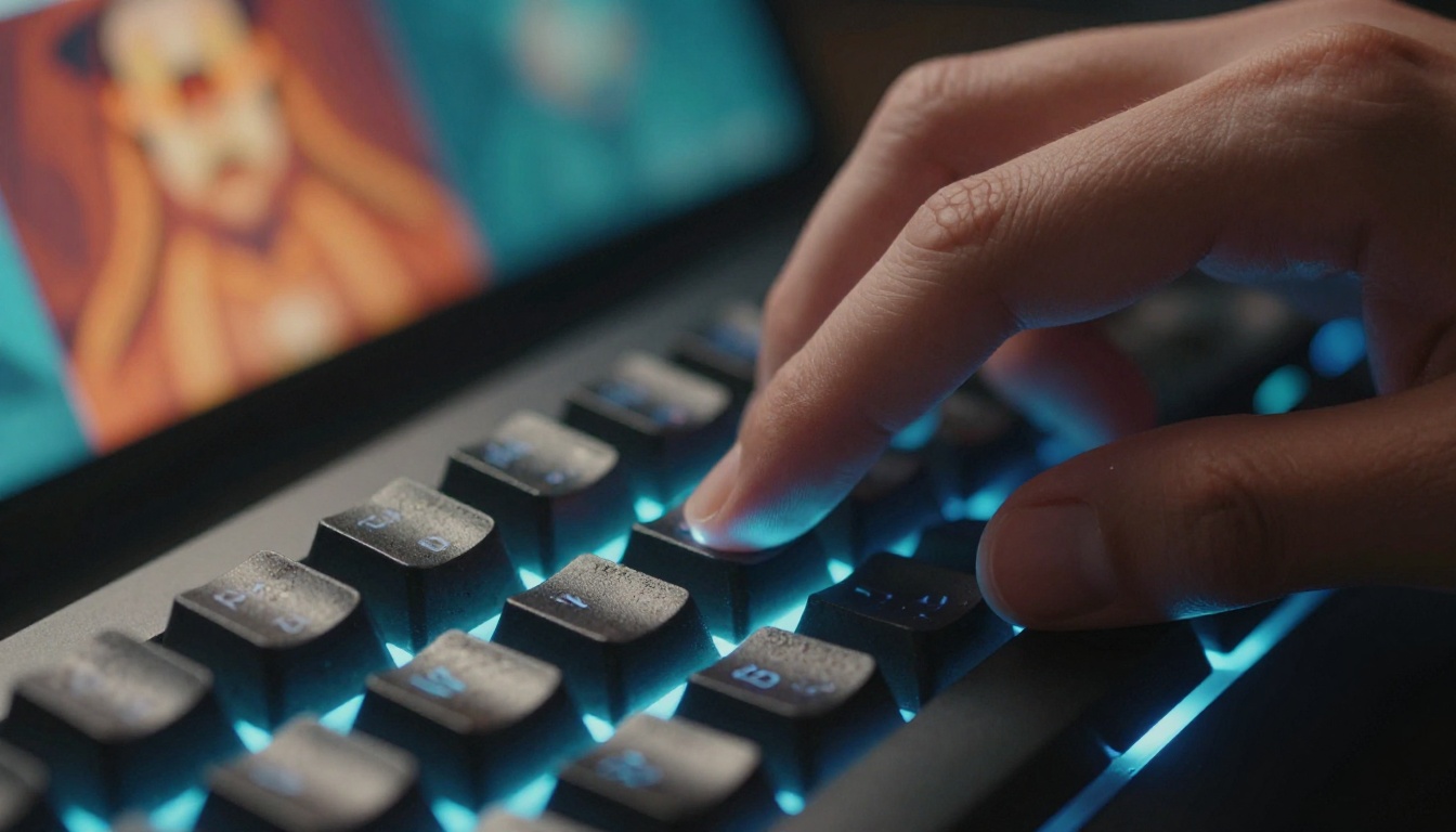 Close-up macro of fingers hovering over a backlit mechanical keyboard, blurred dual monitors glowing in the background
