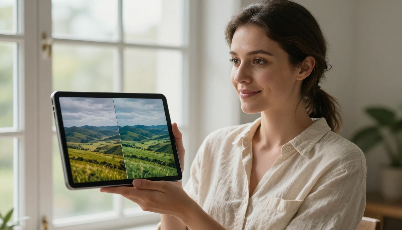 A woman holding a tablet showing a dull AI image on the left and a stunning photorealistic one on the right, near a window