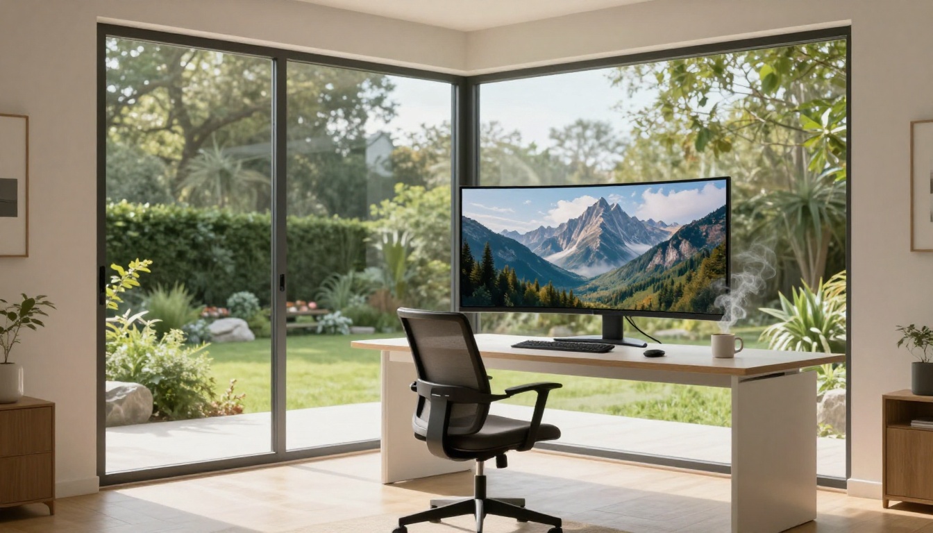 A bright modern home office with a curved ultrawide monitor showing a mountain landscape, lush garden visible through the window