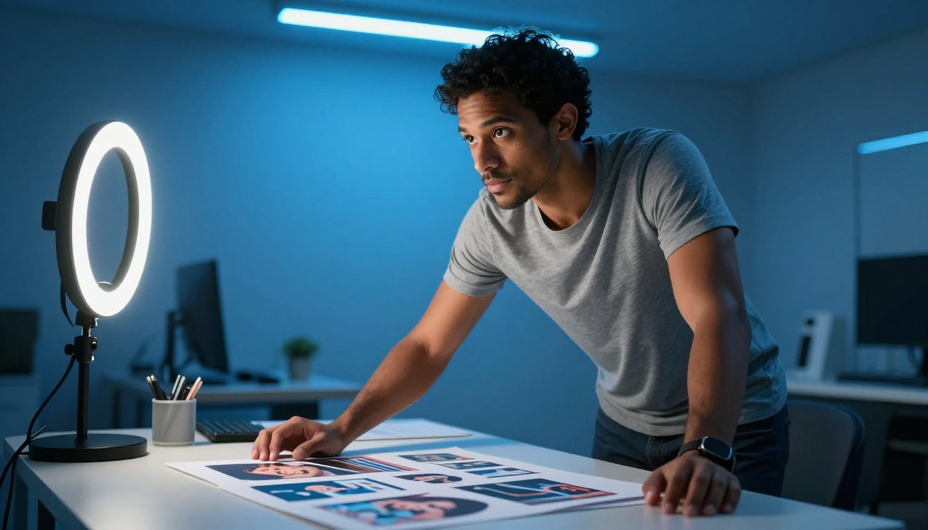 A creative professional man reviewing printed AI image samples at a standing desk, shot from a low angle looking up