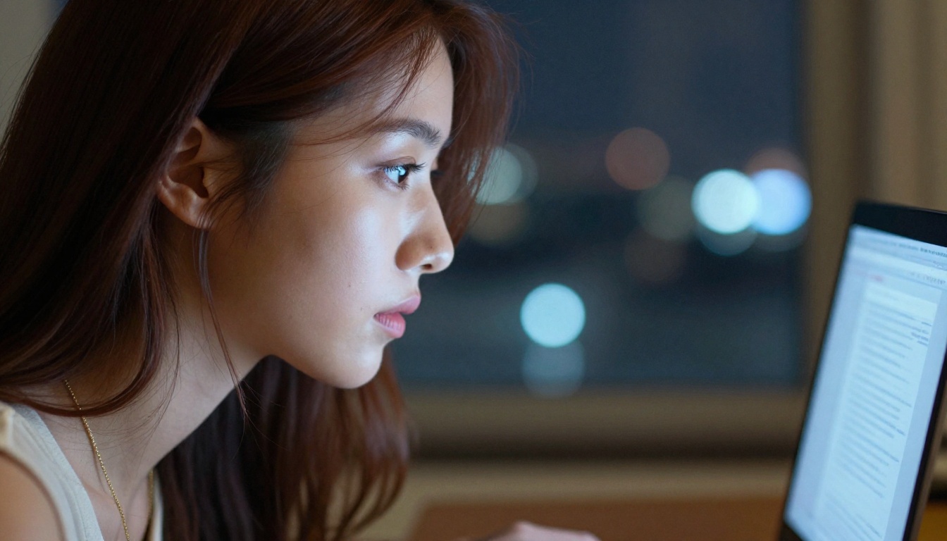 A young woman with auburn hair in profile, one side lit by cool blue laptop screen glow, the other in warm shadow, city light bokeh behind