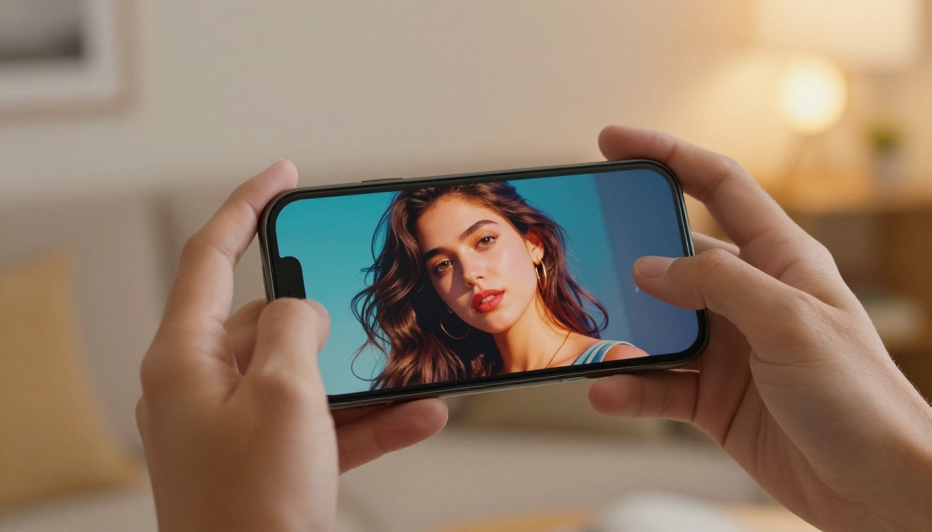A pair of hands holding a smartphone displaying a vibrant AI-generated portrait, warm blurred living room background