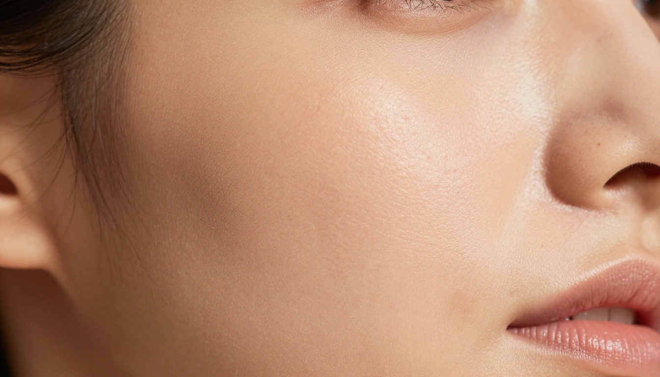 Extreme macro close-up of skin texture revealing stunning pore detail, peach fuzz hairs, and subtle imperfections under warm directional studio light
