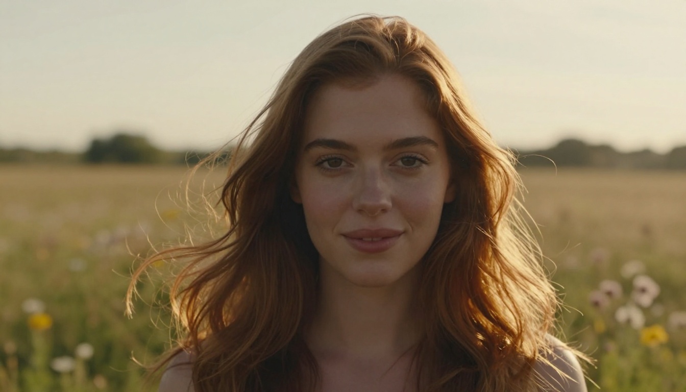 Stunning portrait of a young woman with flowing chestnut hair caught in a gentle breeze, individual strands catching warm golden backlight, shot at golden hour with shallow depth of field