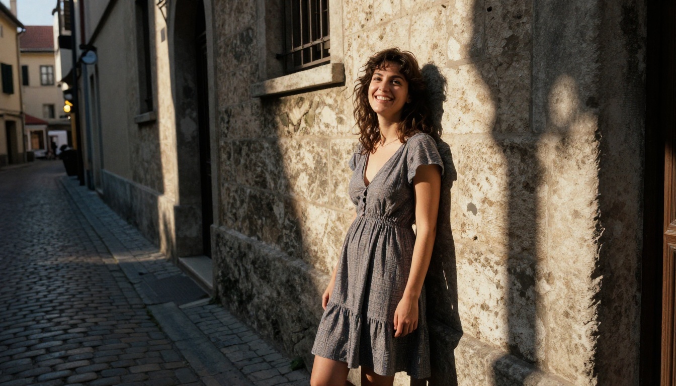 Full-body outdoor portrait of a woman in a cobblestone alley, late afternoon directional sunlight creating strong shadows across her face, candid mid-laugh expression, 50mm lens, Kodak Portra 800 film grain