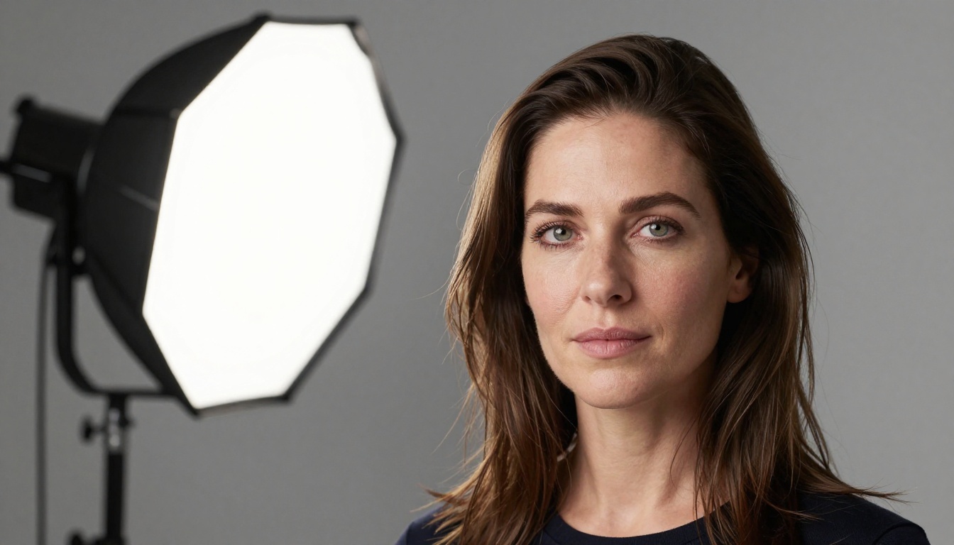 Professional studio portrait of a woman against seamless gray background, three-point octabox lighting setup, visible skin pores, natural catchlights, 85mm lens, Kodak Portra 160 emulation