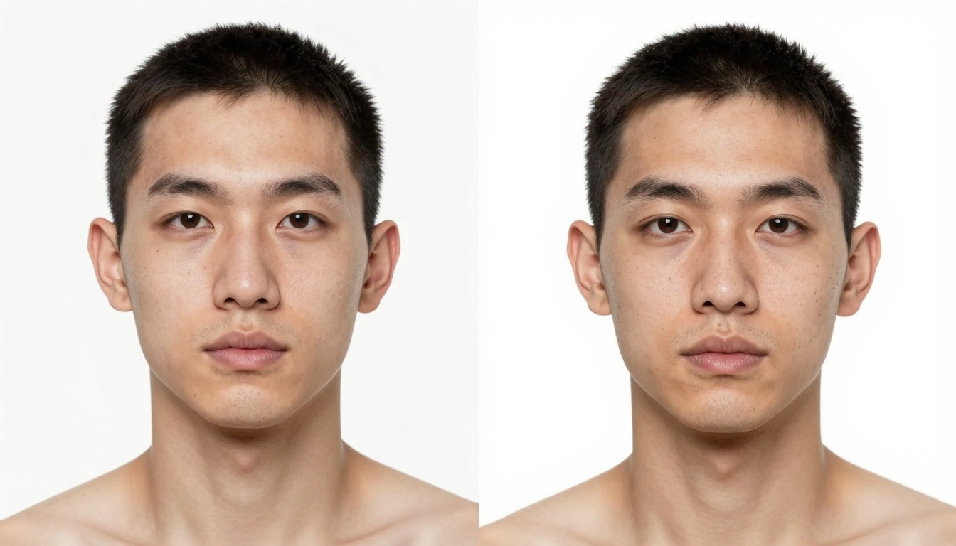 Educational side-by-side comparison showing an over-smoothed fake-looking AI face on the left versus a stunningly photorealistic face with skin texture and natural lighting on the right, white dividing line Educational side-by-side comparison showing an over-smoothed fake-looking AI face on the left versus a stunningly photorealistic face with skin texture and natural lighting on the right, white dividing line