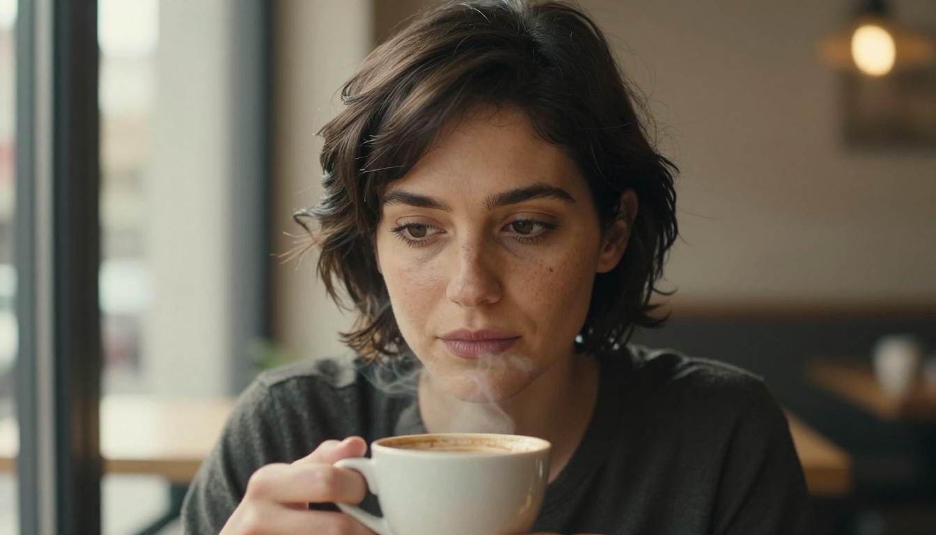 Intimate portrait of a woman with short dark hair in a cafe, natural morning window light illuminating one side of her face, holding a coffee cup, freckles visible, candid thoughtful expression Intimate portrait of a woman with short dark hair in a cafe, natural morning window light illuminating one side of her face, holding a coffee cup, freckles visible, candid thoughtful expression