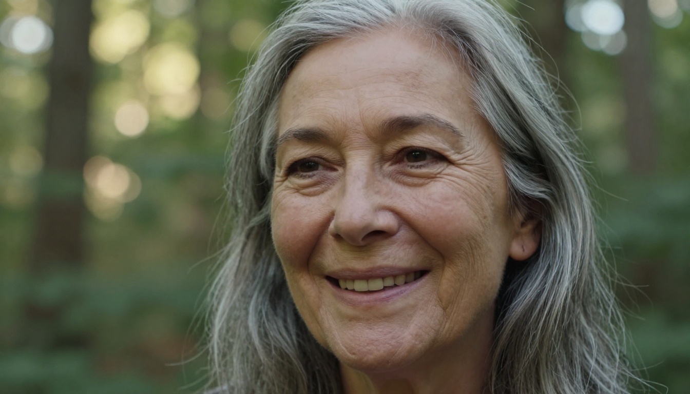 Close-up portrait of a mature woman in her 40s with silver-streaked hair and visible laugh lines, dappled forest light from above, warm genuine mid-laugh expression, 85mm lens, Kodak Portra 400 film grain Close-up portrait of a mature woman in her 40s with silver-streaked hair and visible laugh lines, dappled forest light from above, warm genuine mid-laugh expression, 85mm lens, Kodak Portra 400 film grain