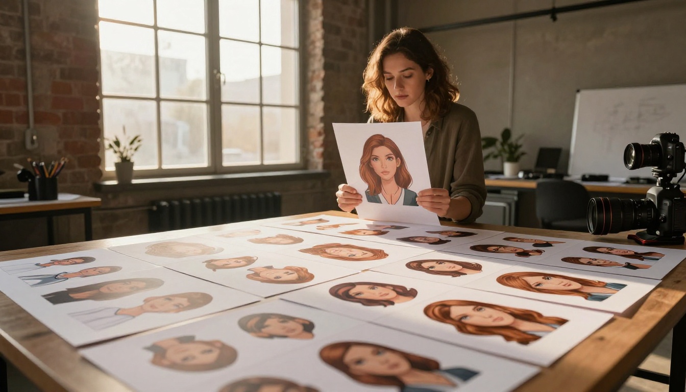 Creative director reviewing character reference sheets on a light table