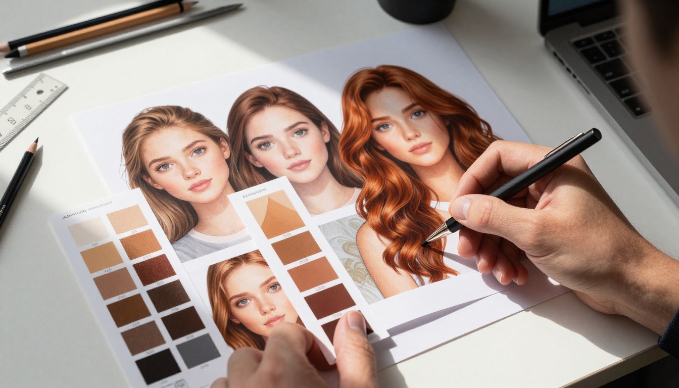 Graphic designer reviewing color swatches matched to character prints