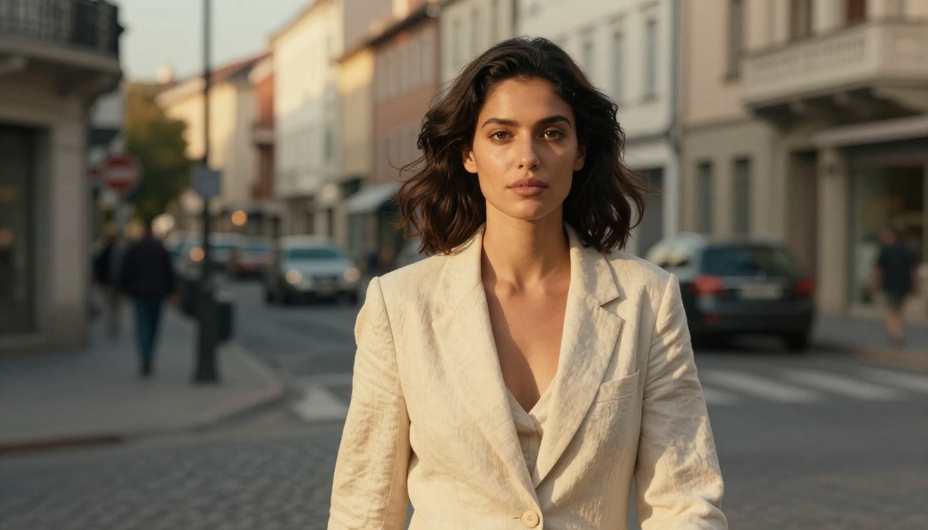 Woman with consistent features walking confidently through a city street at golden hour Woman with consistent features walking confidently through a city street at golden hour