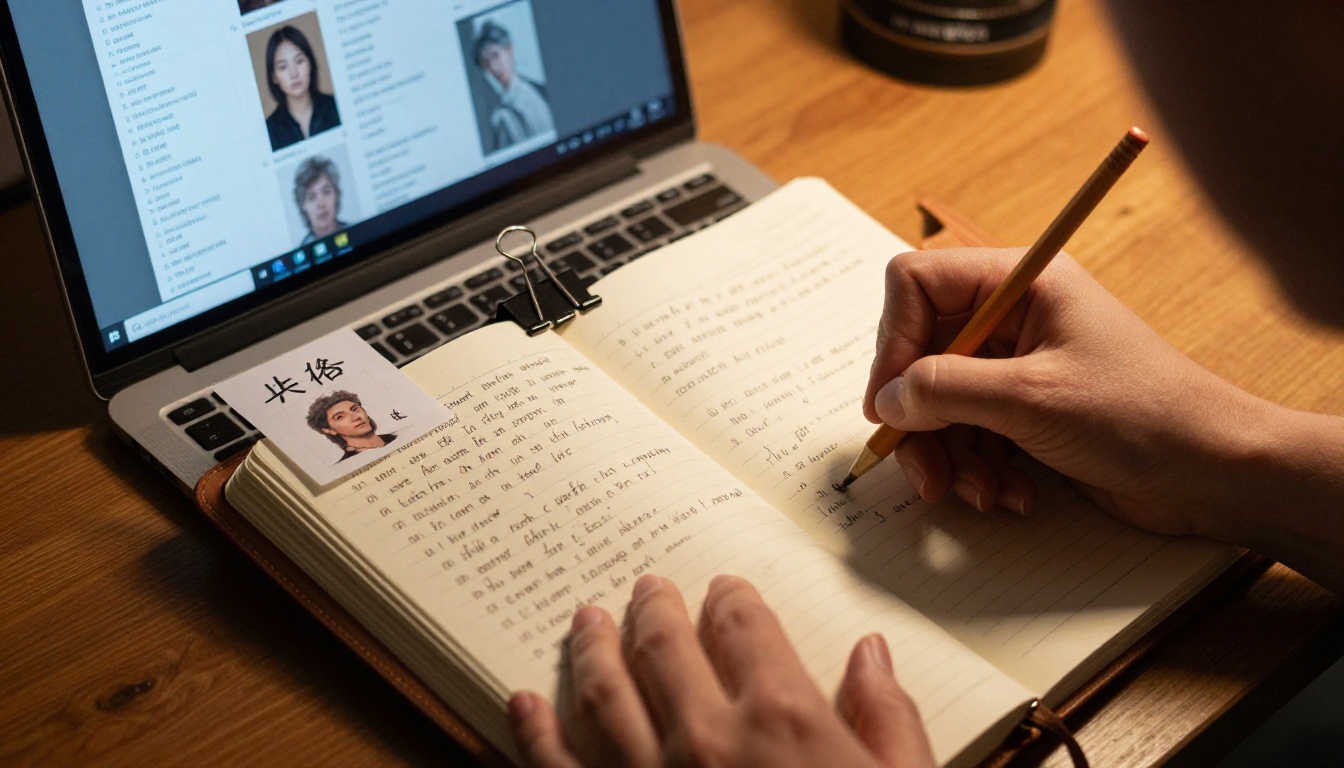 Hands writing detailed character description notes in a leather notebook Hands writing detailed character description notes in a leather notebook