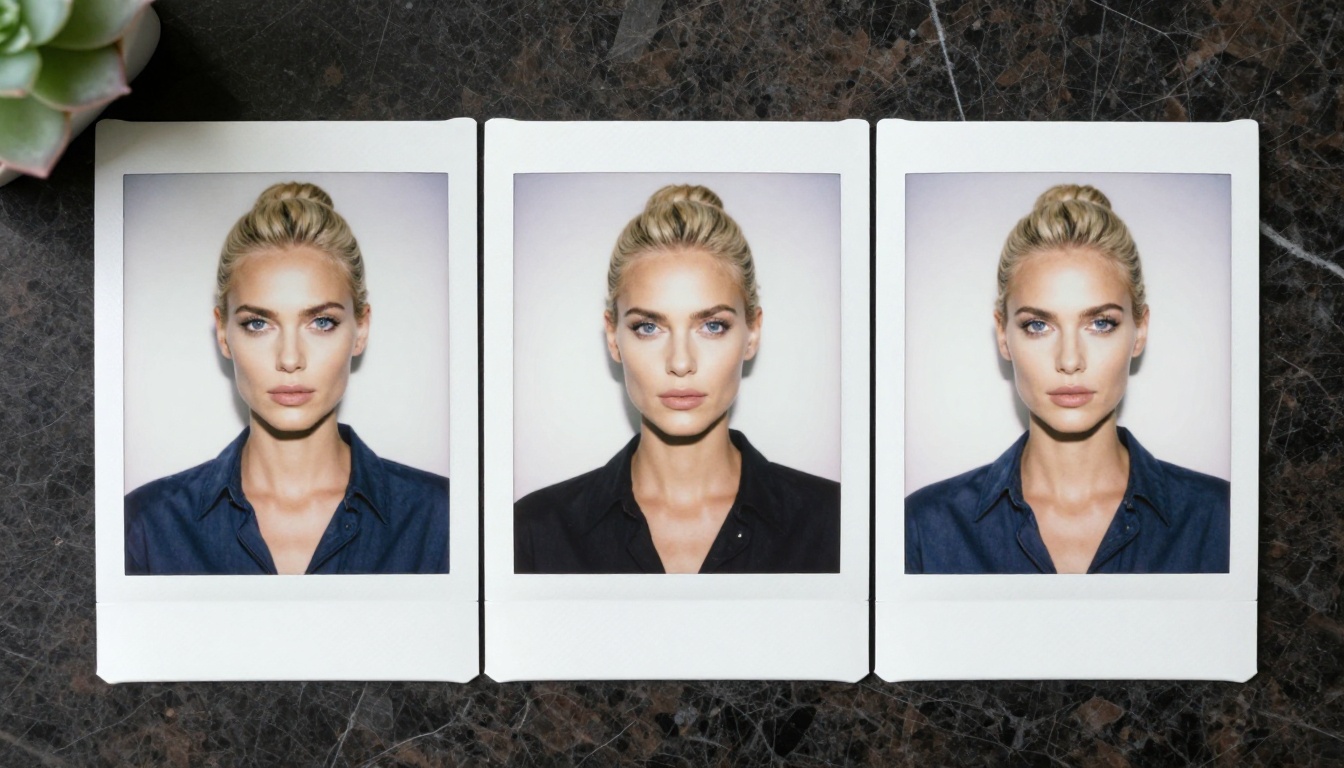 Polaroid prints of the same character with consistently matching features Polaroid prints of the same character with consistently matching features