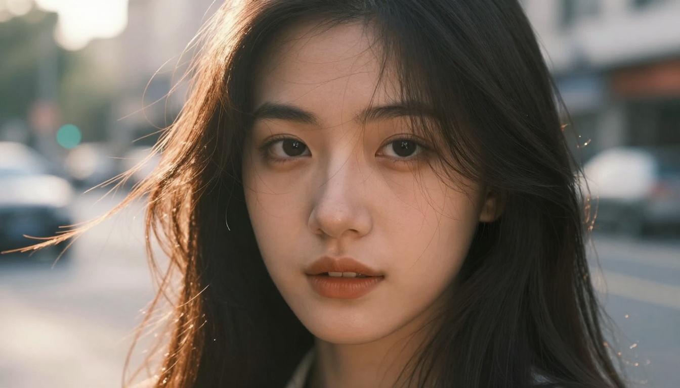 Close-up portrait of a young woman with natural dark hair outdoors, individual hair strands catching golden hour light from the left, natural flyaways and imperfect split ends visible, authentic skin pore detail, 85mm f/1.8, photorealistic 8K