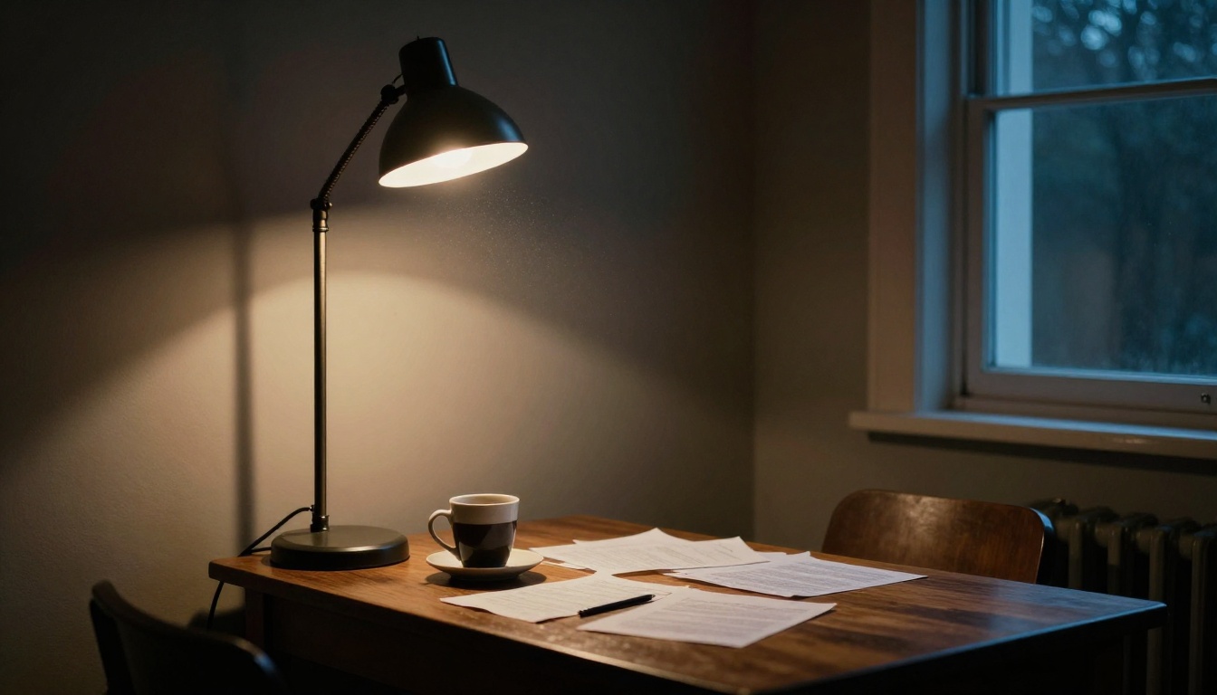 A dramatically lit interior room with a single vintage floor lamp casting accurate long shadows across a wooden table, coffee cup, and scattered papers, dust motes visible in the beam, Kodak Vision3 film aesthetic, photorealistic 8K