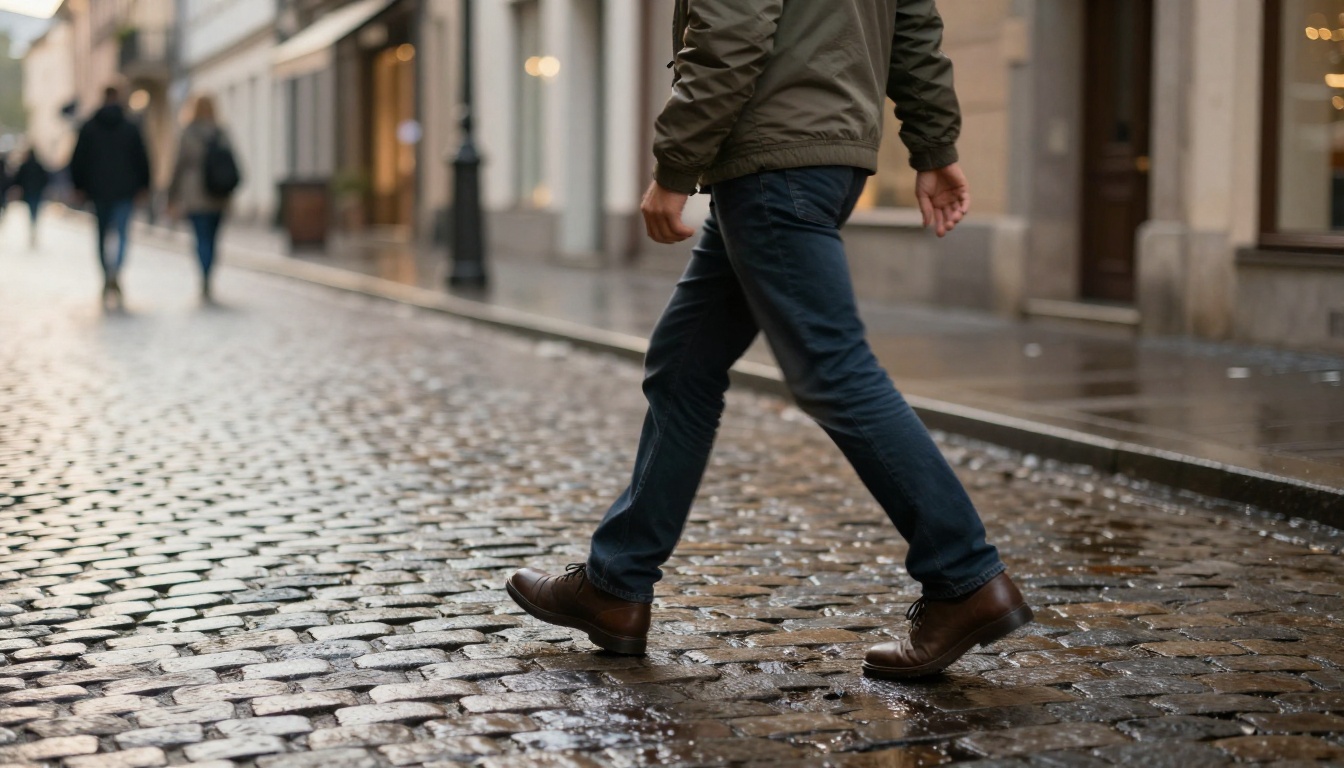 A person mid-stride walking across wet cobblestones in a European city, authentic motion blur on swinging arms, realistic heel-to-toe weight transfer, fabric creasing naturally, golden hour light, Kodak Portra 400, photorealistic 8K
