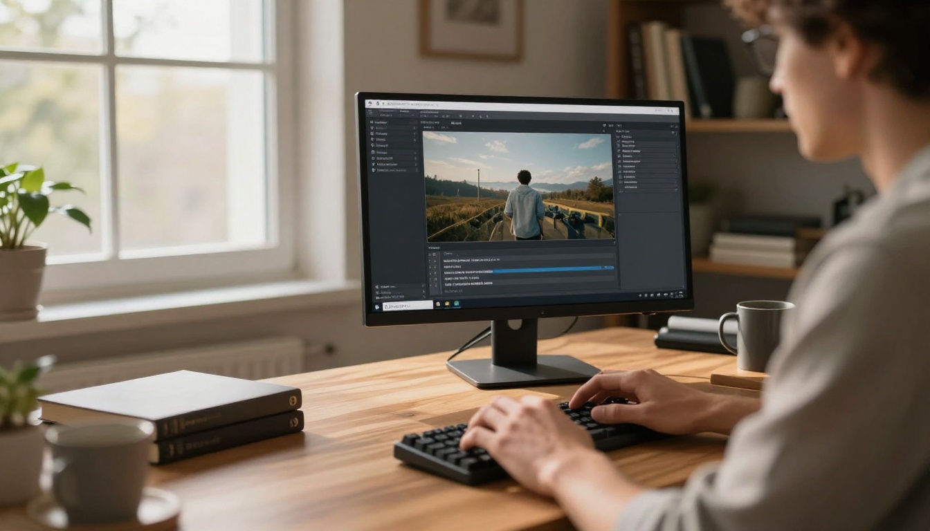 A content creator at a minimal modern desk with an AI video generation interface on screen, soft north window light, warm wood grain desk, natural skin texture on hands at keyboard, 35mm f/2.4, photorealistic 8K A content creator at a minimal modern desk with an AI video generation interface on screen, soft north window light, warm wood grain desk, natural skin texture on hands at keyboard, 35mm f/2.4, photorealistic 8K