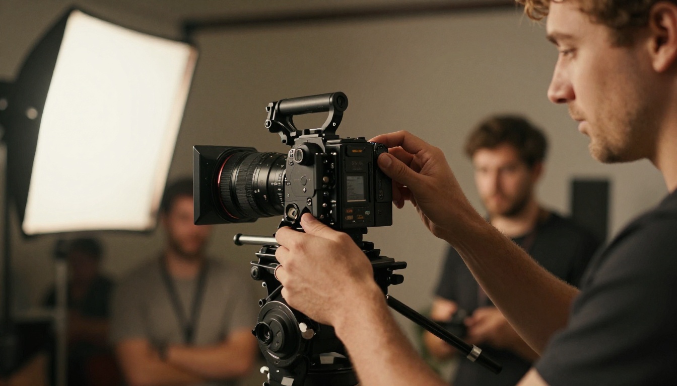 A cinematographer on a film set adjusting a cinema camera on a shoulder rig, warm tungsten lighting mixed with cool fill, crew members blurred in background, photorealistic 8K production photography