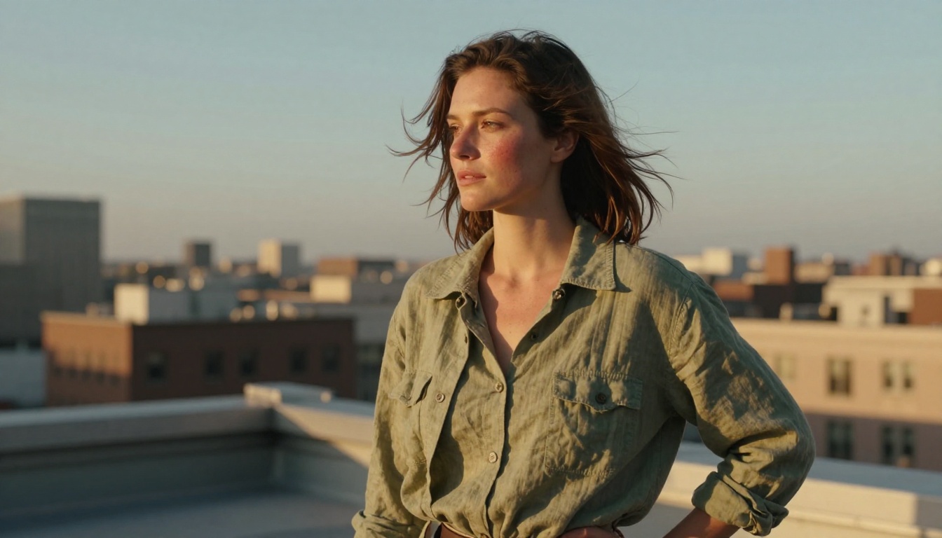 A woman standing on a city rooftop at golden hour, wind moving hair with realistic physics, linen jacket with authentic fabric wrinkles, sun-kissed skin with natural freckles, downtown skyline in soft bokeh, 85mm f/1.8, photorealistic 8K A woman standing on a city rooftop at golden hour, wind moving hair with realistic physics, linen jacket with authentic fabric wrinkles, sun-kissed skin with natural freckles, downtown skyline in soft bokeh, 85mm f/1.8, photorealistic 8K