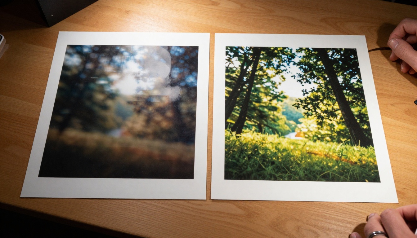 Side-by-side comparison of a blurry AI image and a sharp upscaled version on a photography lightbox