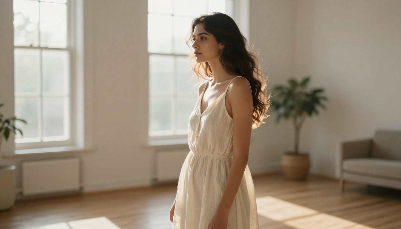 Woman with long dark hair standing near a sun-drenched window in a minimalist apartment, perfect clean AI portrait output