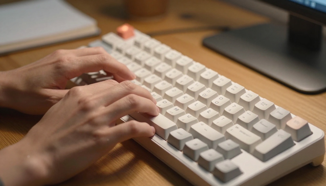Person's hands typing detailed text prompts on a mechanical keyboard, warm desk lamp light, crafting precise image generation instructions
