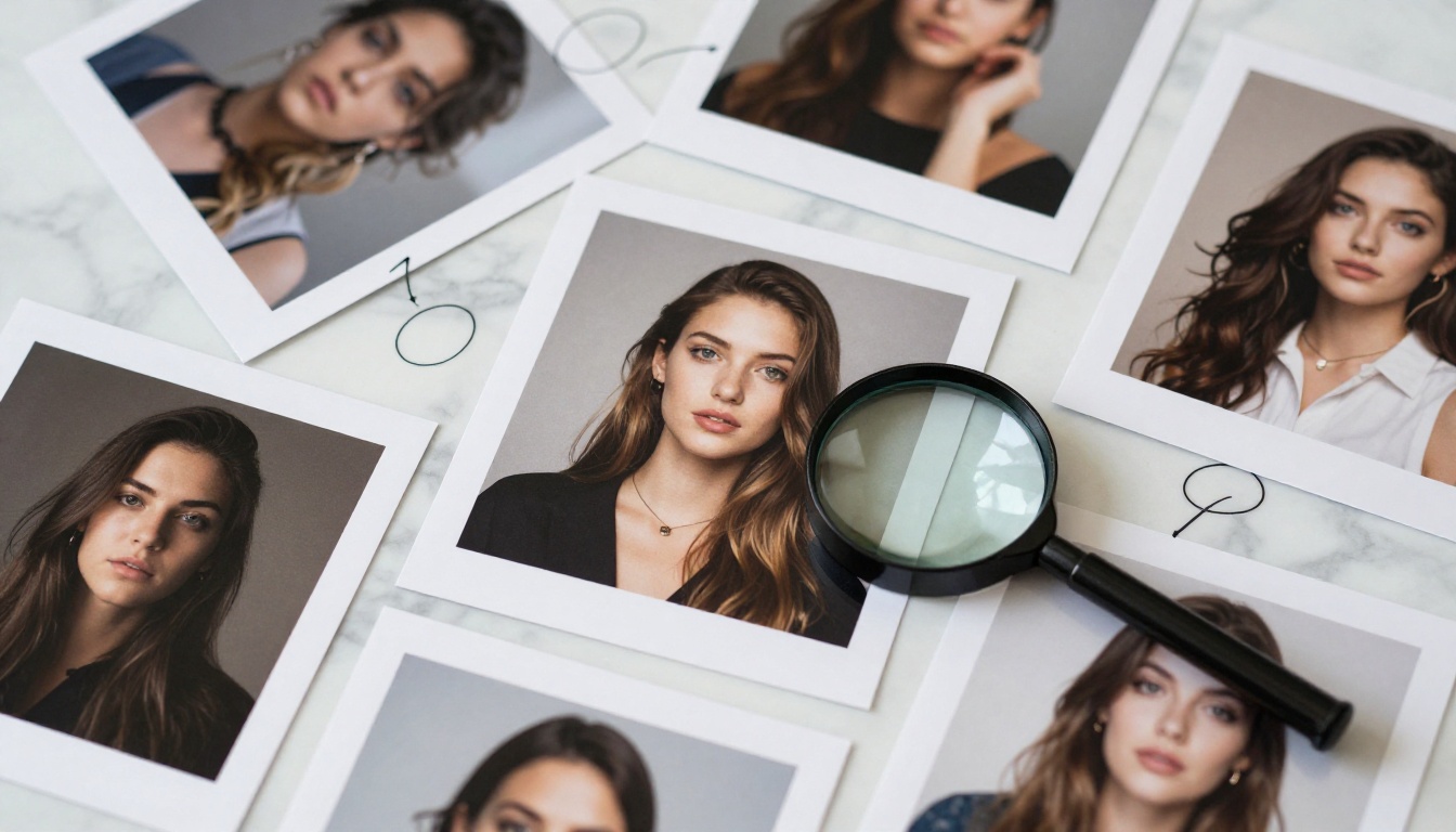 Aerial flat lay of printed portrait photos on a marble surface, some blurry and some sharp, with magnifying glass and pencil annotations