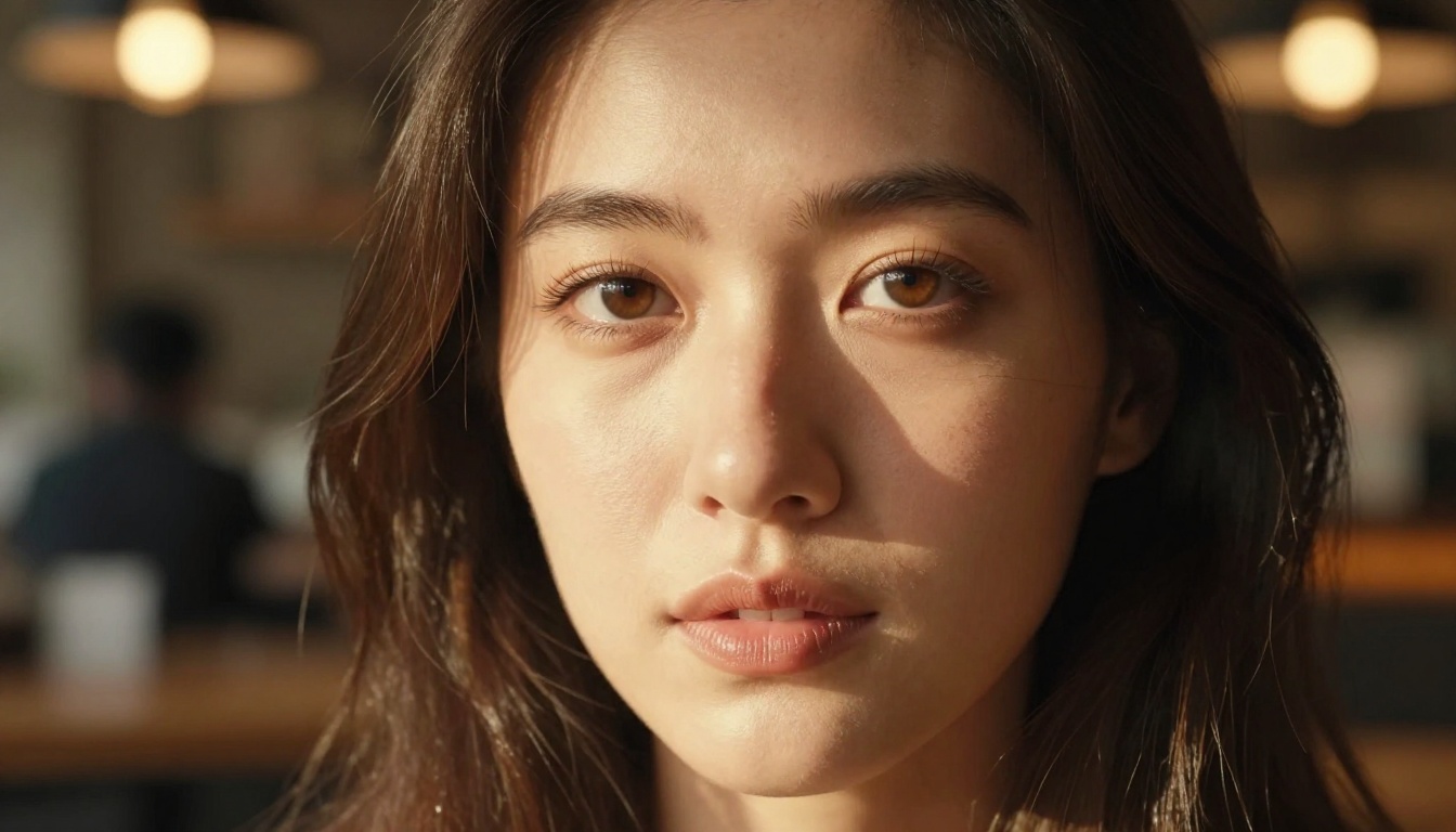 Close-up portrait of a woman with sharp brown eyes and natural makeup at a warmly lit coffee shop, example of correct face generation