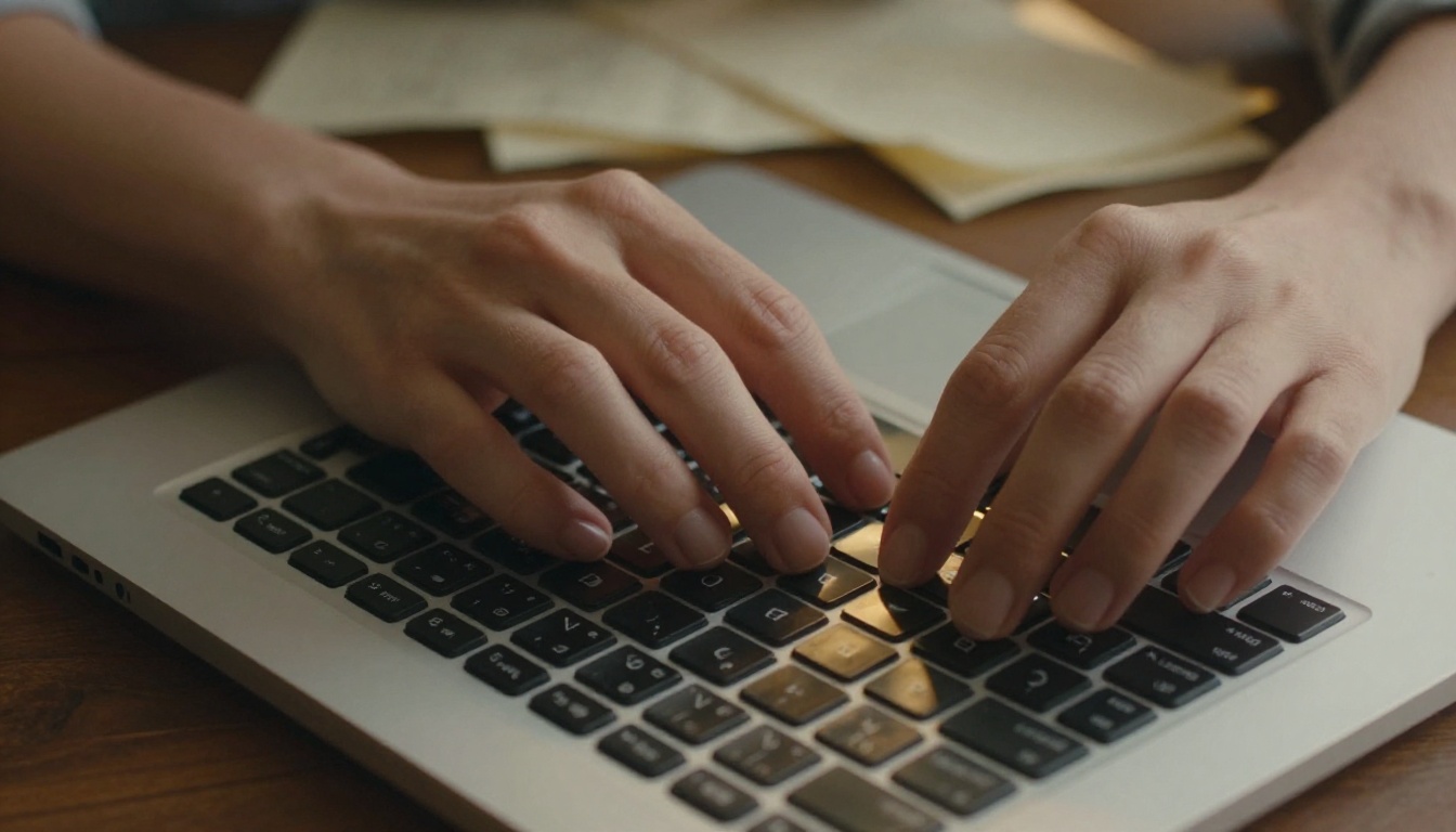 Hands typing on a mechanical keyboard with handwritten prompt notes