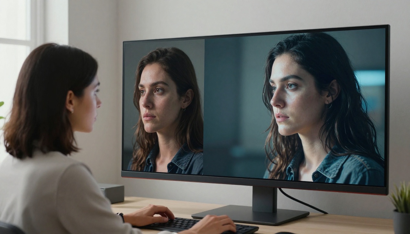 A person comparing two AI-generated images on a monitor, seeing the dramatic difference