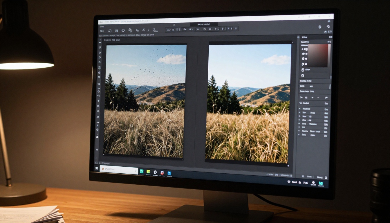 Monitor displaying digital image editing interface showing a blurry low-quality image being transformed into a sharp upscaled result