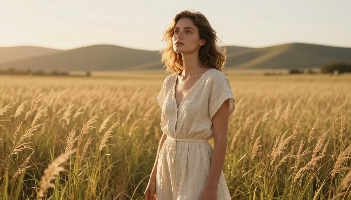 A woman standing confidently in a golden hour field, photorealistic with natural film textures