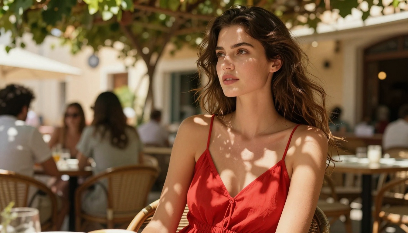 Woman in a stylish red summer dress at an outdoor Mediterranean cafe terrace, vibrant colors and natural sunlight, representing clean vivid AI portrait output