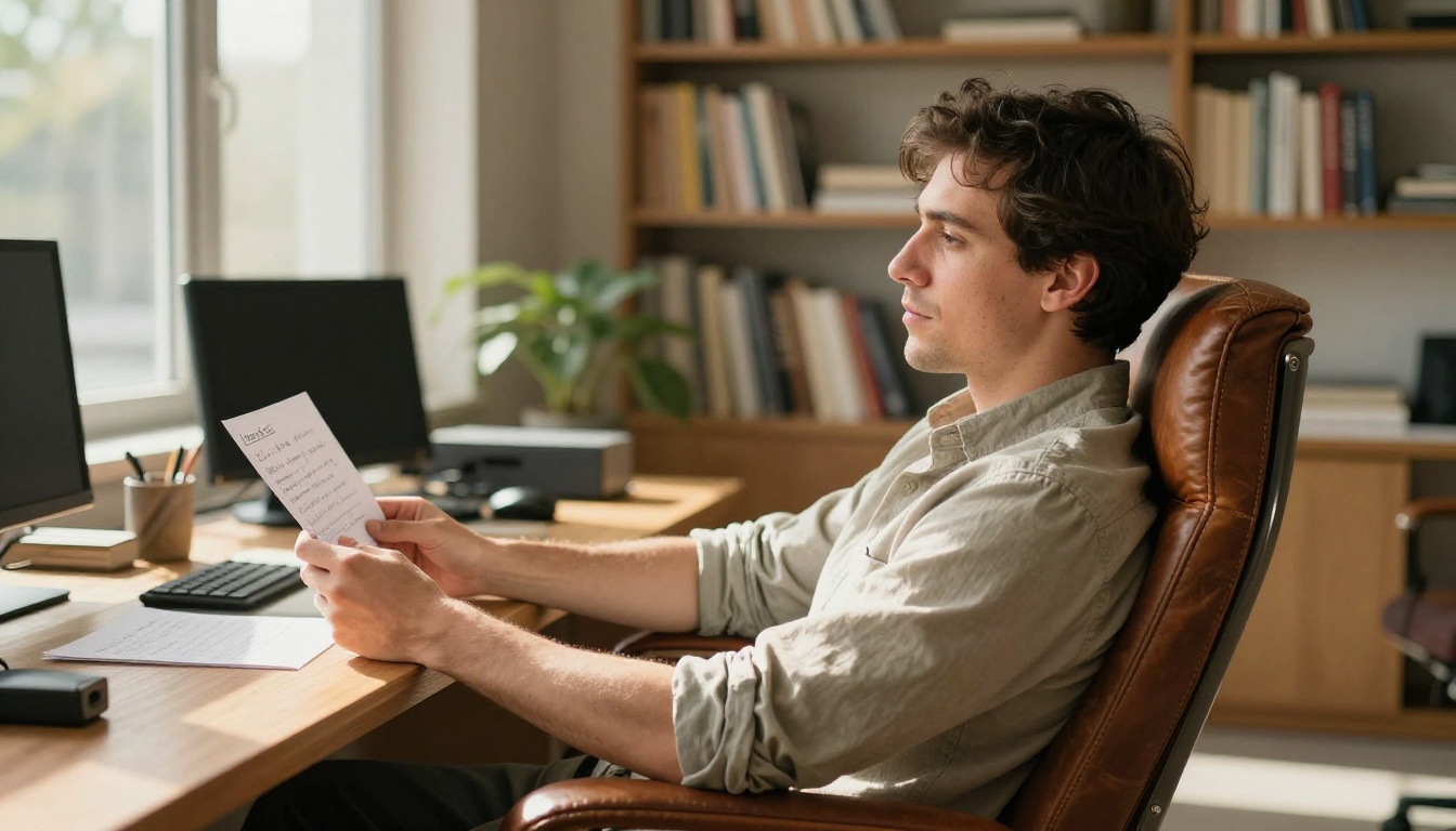 Man in a leather office chair reviewing AI-generated images, warm studio light from the left