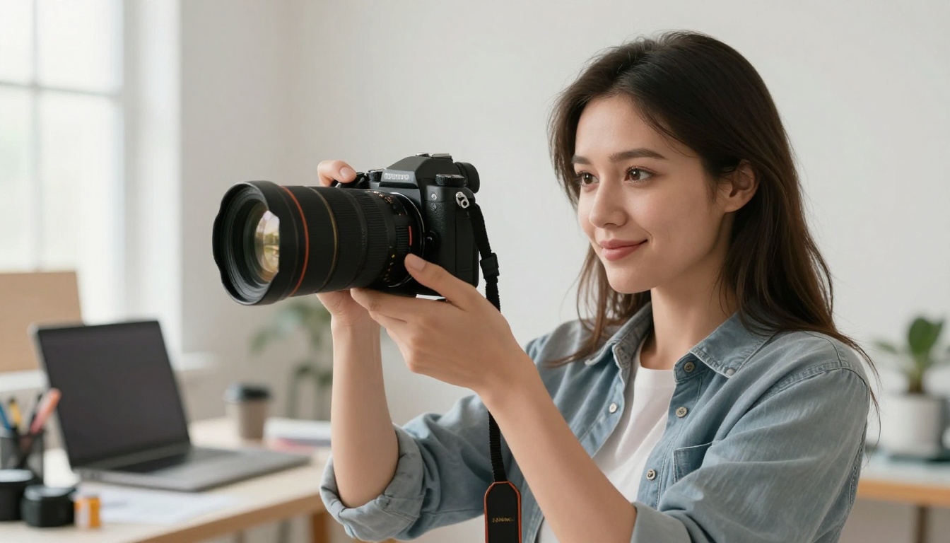 Female photographer reviewing photos on her camera LCD screen in a bright airy studio, satisfied expression, natural skylight illumination