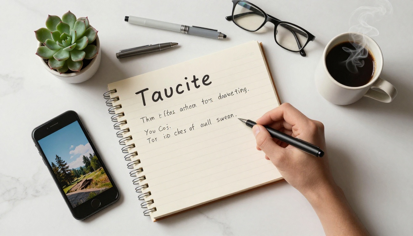 Overhead flat-lay of a notebook with handwritten AI prompts, surrounded by creative tools