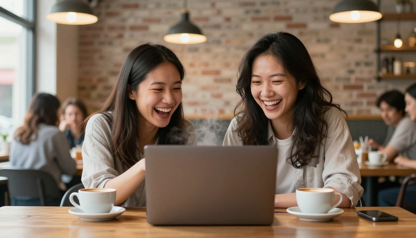 Two friends laughing together over a laptop in a warm cafe, candid and natural
