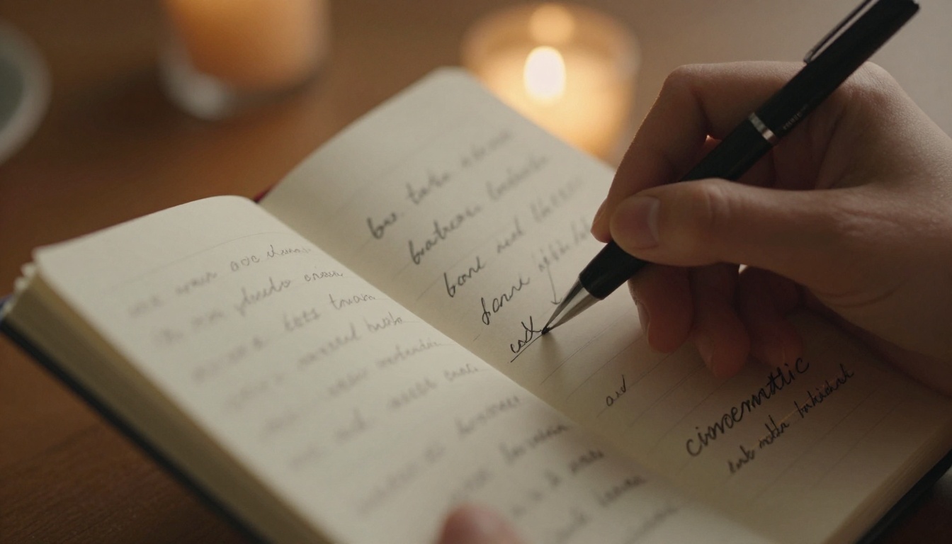 Hands cradling a candlelit notebook with the word "cinematic" written and underlined in cursive
