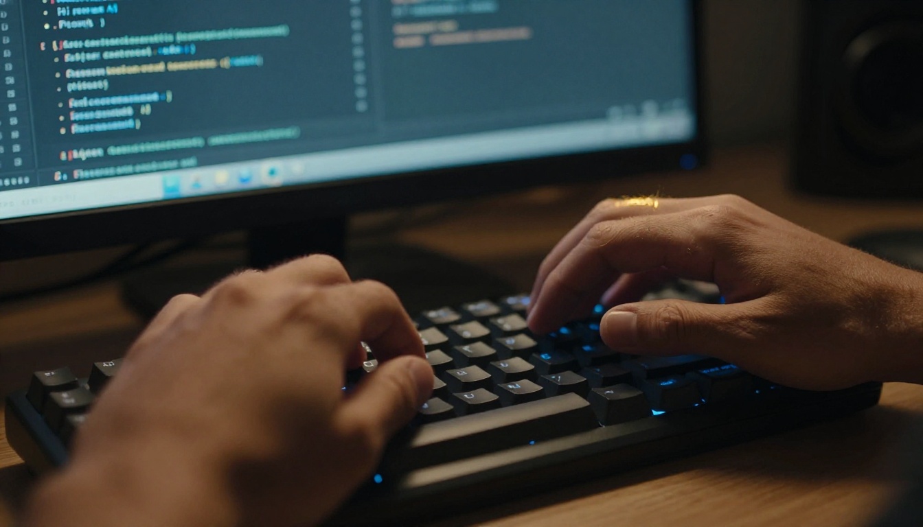 Close-up of hands typing on a mechanical keyboard with glowing AI prompt text on screen