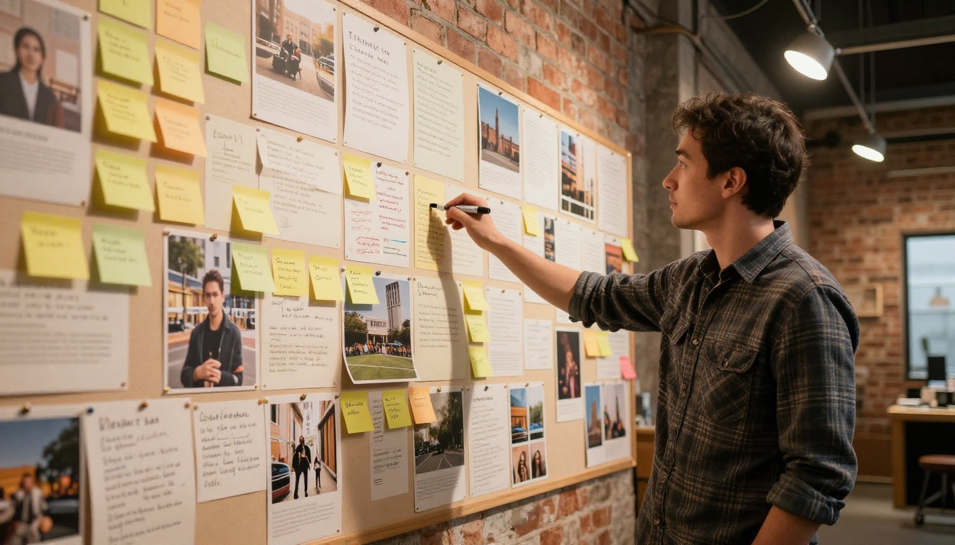 A creative director pointing to an organized pin board of AI-generated images in a warehouse studio