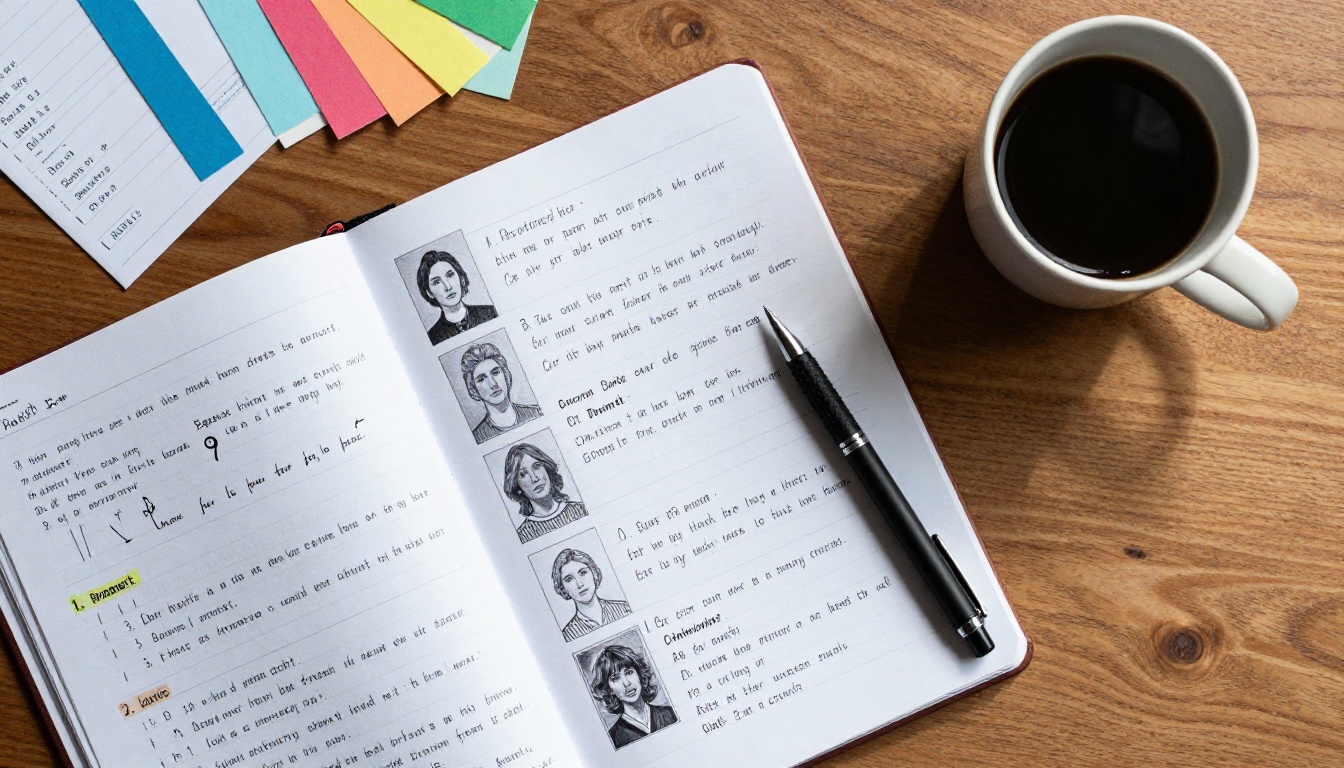 Overhead flat-lay of a desk with handwritten prompt formulas, printed AI thumbnails, and color-coded notes