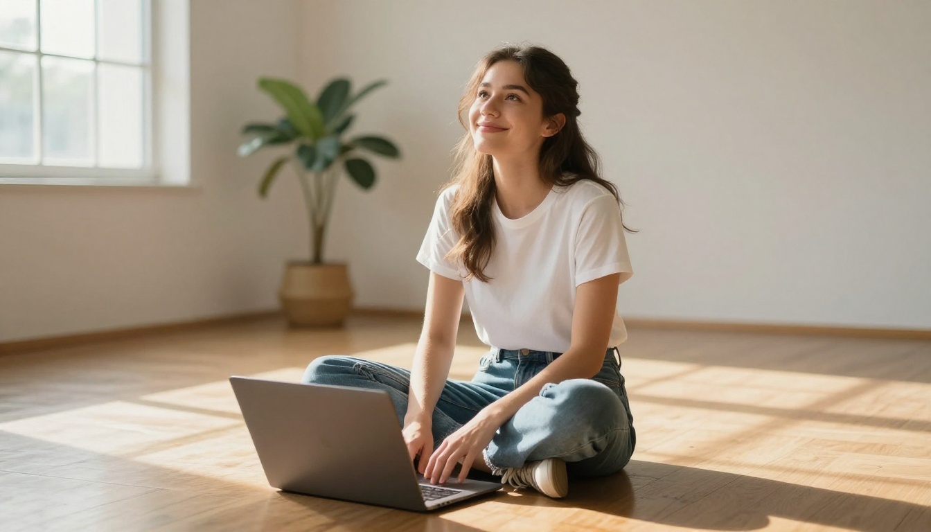 A young woman content creator sitting cross-legged on a studio floor with a laptop, golden hour light across hardwood floors