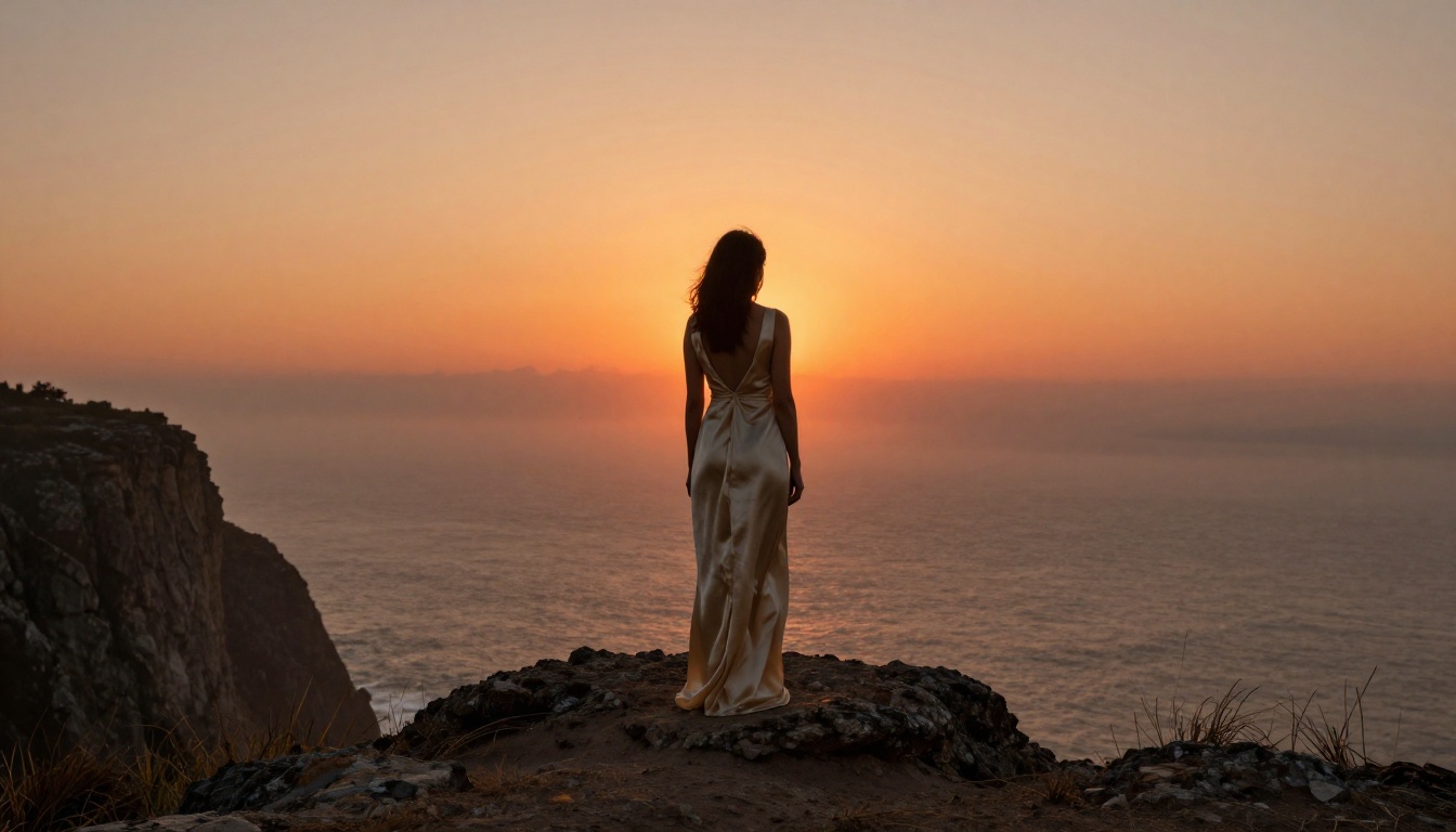 A woman in a cream silk dress standing at a cliff edge, backlit by a blazing coral sunrise over the ocean