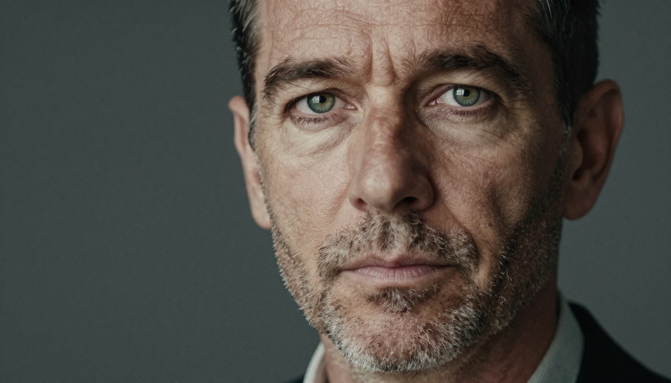 Extreme close-up portrait of a weathered man with Rembrandt lighting, visible skin texture and stubble detail