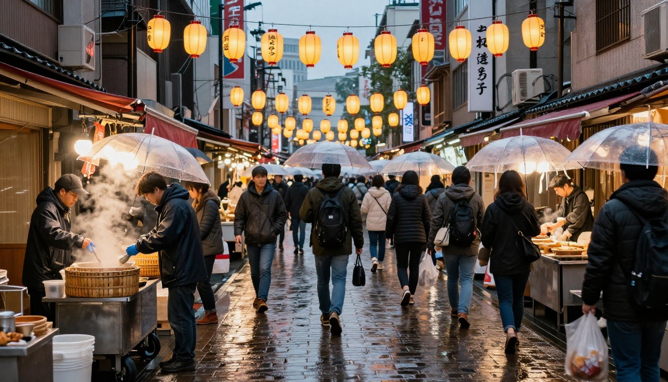 A wide shot of a rainy Tokyo street market at dusk with paper lanterns, steam from food stalls, and crowds under umbrellas