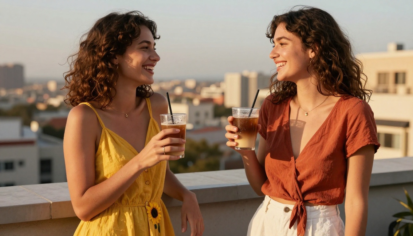 Two women laughing on a rooftop terrace with golden hour rim lighting and a blurred city skyline behind them