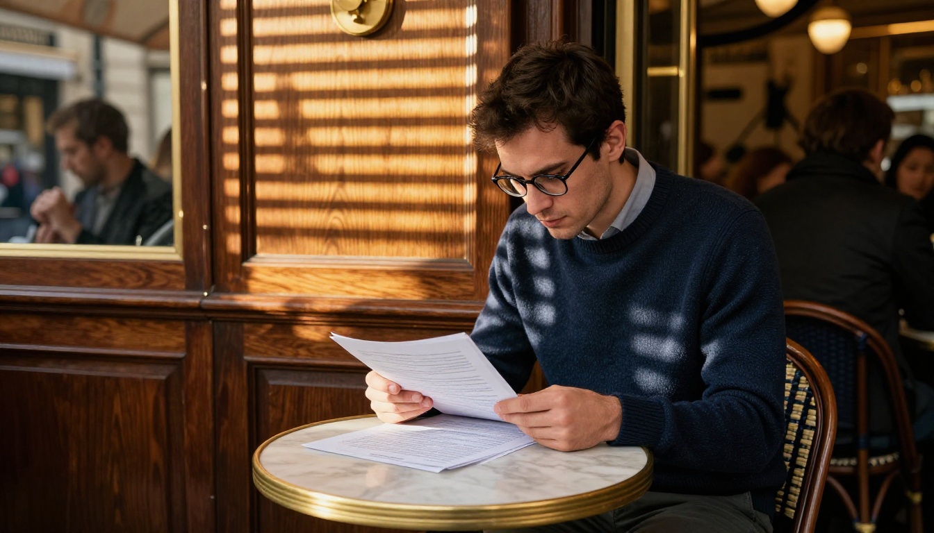 A professional man in a wool sweater reviewing documents in a warmly lit Parisian cafe, afternoon light bars crossing the marble table